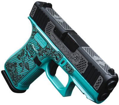 Glock UX4350204FRGLTB G43X  Sub-Compact Frame 9mm 10+1 3.41" Black GMB Barrel Black w/White Scroll Cerakote Serrated Steel Slide, Tiffany Blue Lace w/Rose Cerakote Polymer Frame & Grip