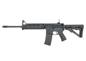 Bushmaster M4 Patrolman's Flat Top MOE AR15 Rifle - Black | 5.56NATO | 16" Barrel | Magpul MOE Furniture | Flip -Up Rear Sight | A2 Birdcage flash hider