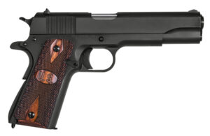 Auto-Ordnance 1911BKO9W 1911 A1 GI Spec 9mm Luger 9+1 5" Stainless Steel Barrel, Matte Black Serrated Carbon Steel Slide & Frame w/Beavertail, Checkered Wood w/Integrated US Logo Grip