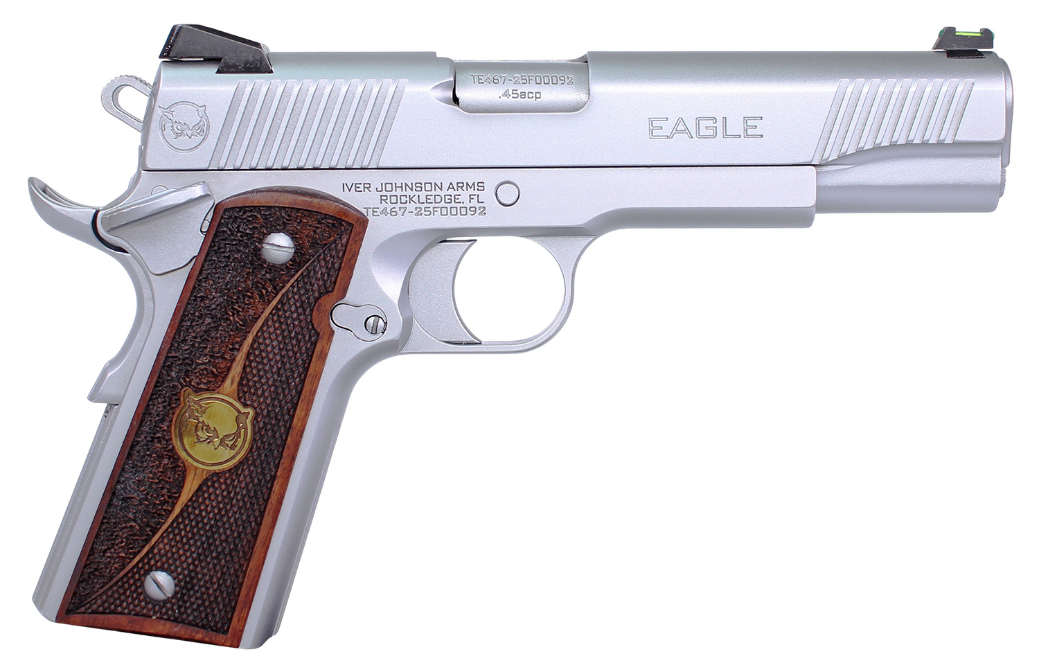 Iver Johnson Arms EAGLEHC Eagle Gen2 HC Government Frame 45 ACP 8+1 5" Overall Satin Hard Chrome Crowned Barrel, Serrated Steel Slide & Frame w/Beavertail, Textured Walnut w/Brass Logo Medallion Grip