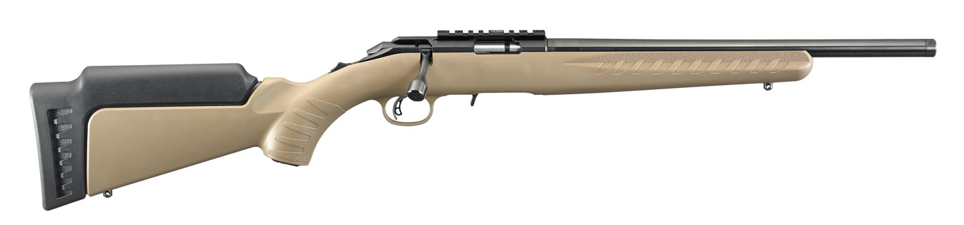 RUGER AMERICAN RIMFIRE 17 HMR 16IN THREADED BARREL 15RD SATIN BLUE/FDE MARKSMAN ADJ TRIGGER NO SIGHTS SCOPE RAIL WITH STANDARD LENGTH OF PULL MODULE 8371